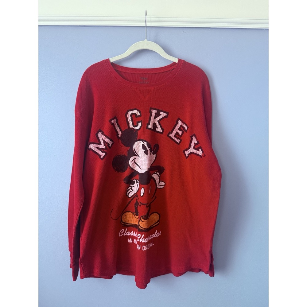 Women's Disney Mickey Mouse Long Tunic sleep Shirt Sz XL red thermal 100% Cotton - Picture 1 of 5